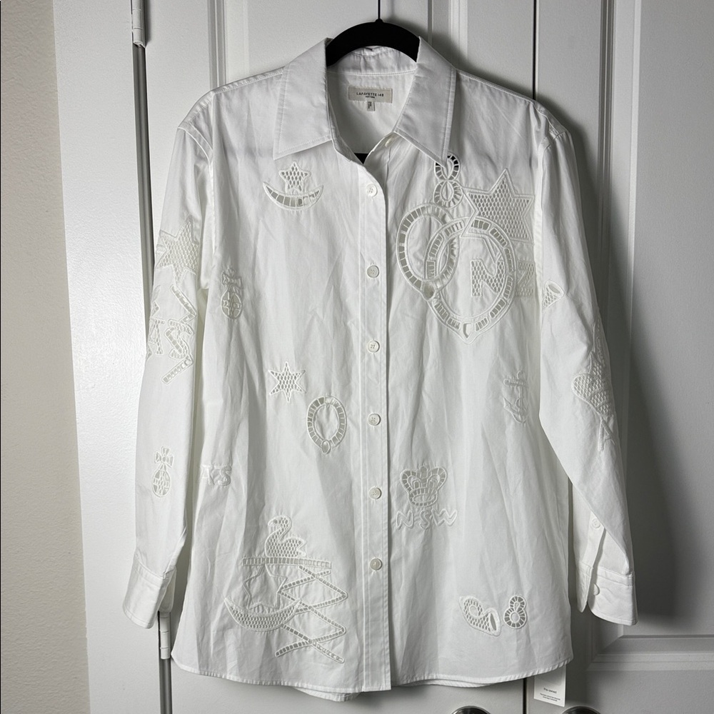 NEW Lafayette 148 New York Cotton Embroidered Cutout Long Sleeve Button Down top